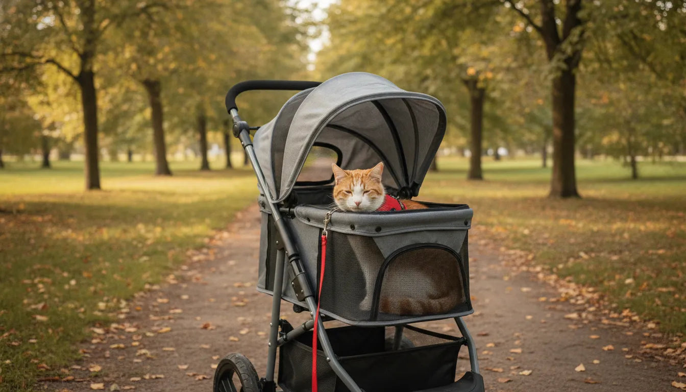 Relaxed cat riding in a ventilated pet stroller on a quiet park path