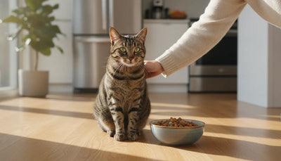 Healthy glossy tabby cat sitting beside a ceramic bowl of food in a bright kitchen while its owner gently strokes its fur