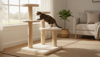 Cat climbing a stable multi-level cat tree beside a sunny window