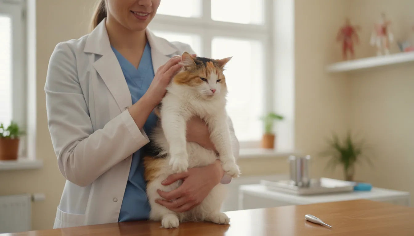 A veterinarian gently examining a cat during a wellness visit