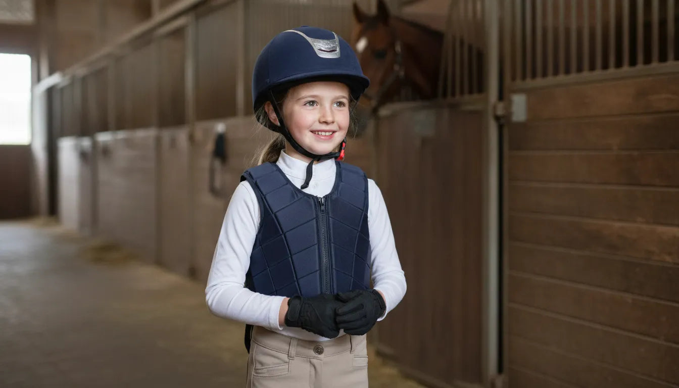Child wearing a properly fitted horse riding helmet at a stable