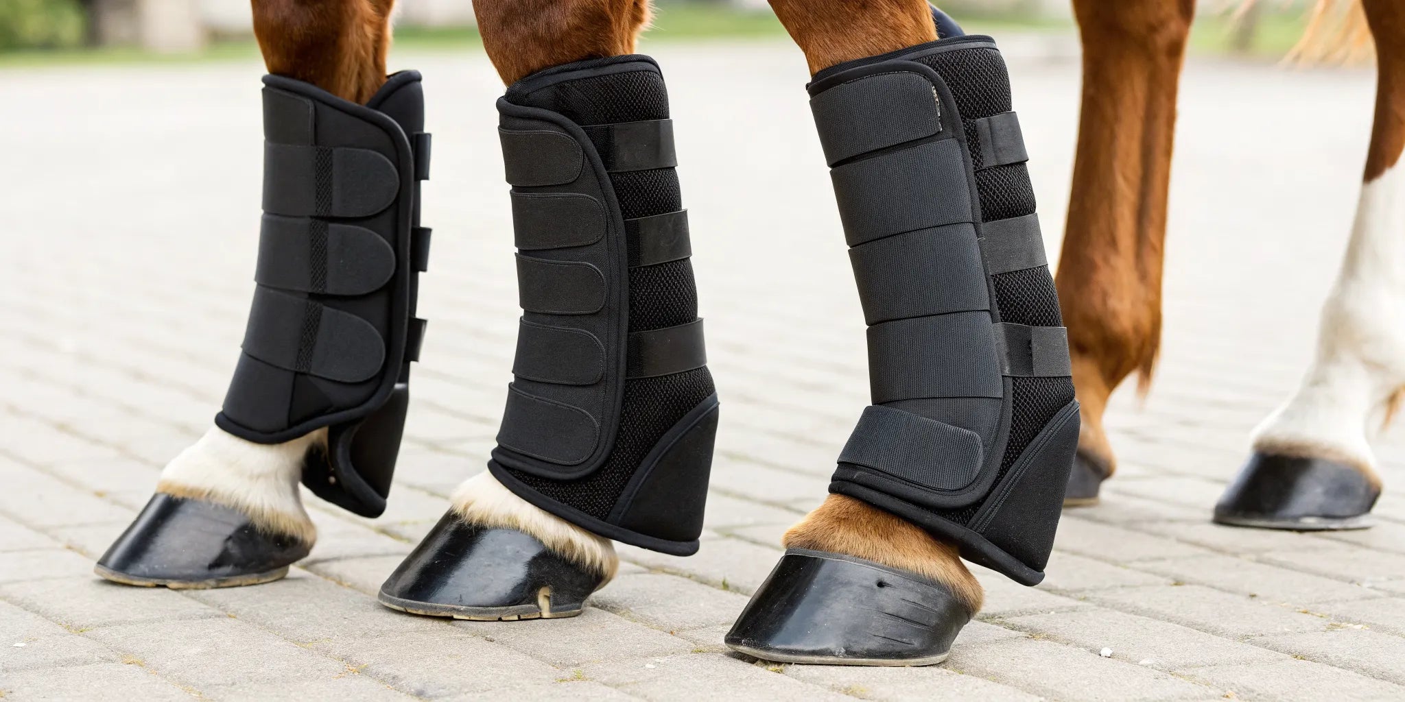Horse wearing black sports medicine boots for leg protection and support.