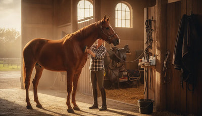 Horse owner grooming a chestnut horse in a sunny barn aisle