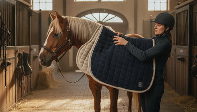 Equestrian holding a quality saddle pad beside a horse in a sunlit barn aisle