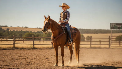 Rider wearing a cowboy hat helmet cover over a riding helmet