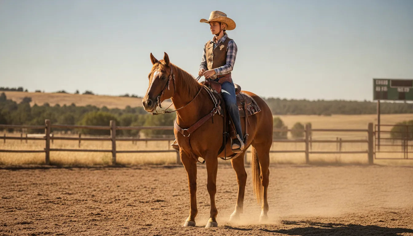 Rider wearing a cowboy hat helmet cover over a riding helmet