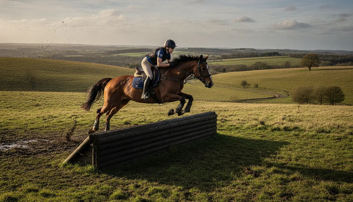 A rider and horse jumping a solid cross country fence across open countryside at speed