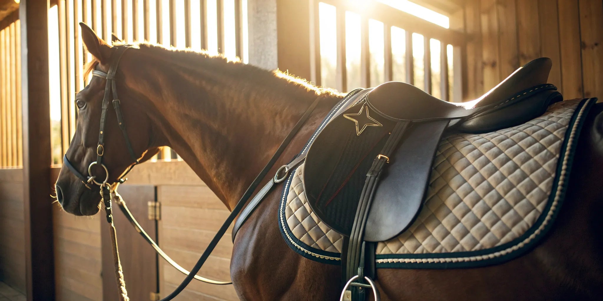 A horse wearing a CSI saddle pad, a top competitor to the 5 Star saddle pad.