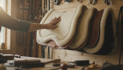 Premium wool and felt western saddle pads with contoured orthopedic padding displayed in a tack shop