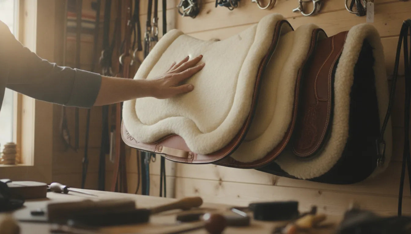 Premium wool and felt western saddle pads with contoured orthopedic padding displayed in a tack shop