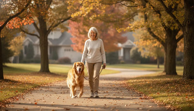 A senior golden retriever walking with its owner on a leafy path