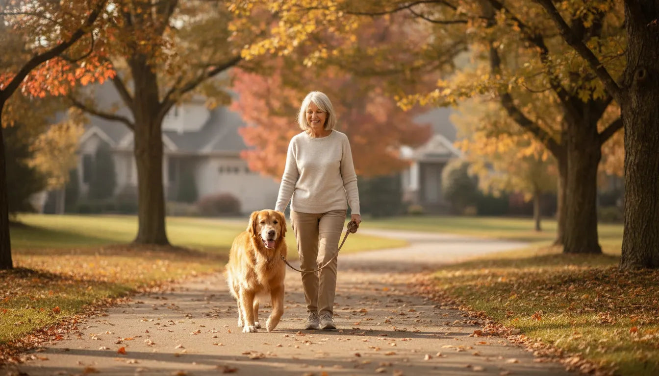 A senior golden retriever walking with its owner on a leafy path
