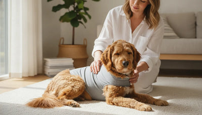 Owner fitting a calming vest on a relaxed dog