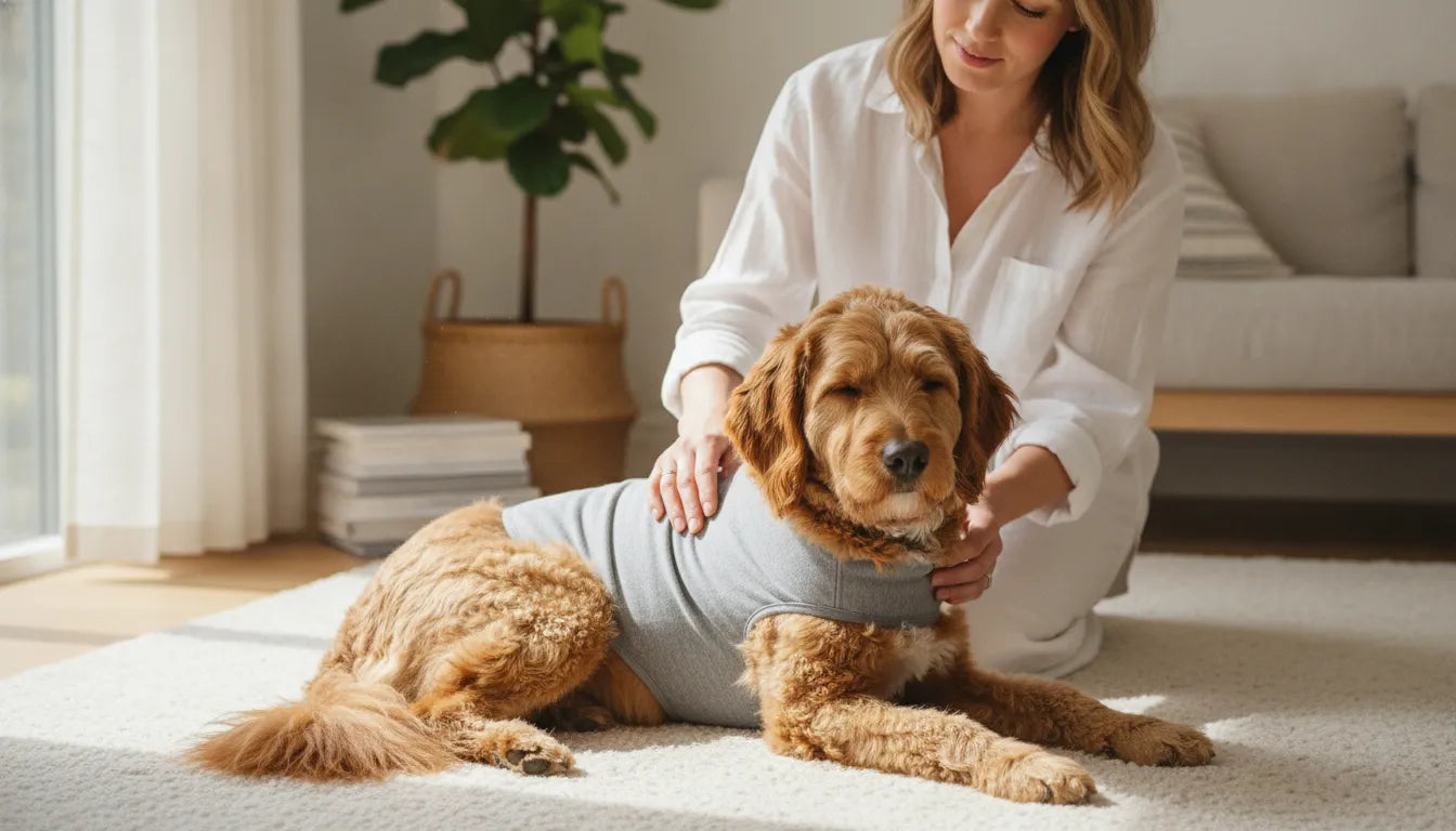 Owner fitting a calming vest on a relaxed dog