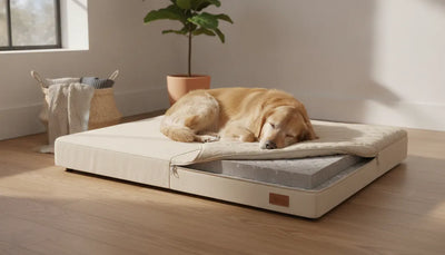 Golden retriever resting on a supportive dog bed in a bright home