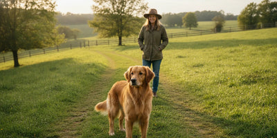 Dog standing with a relaxed posture while its owner calmly observes its signals outdoors