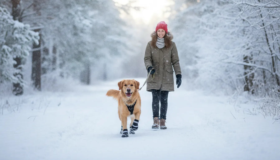 Dog wearing protective winter boots on a snowy trail beside its owner