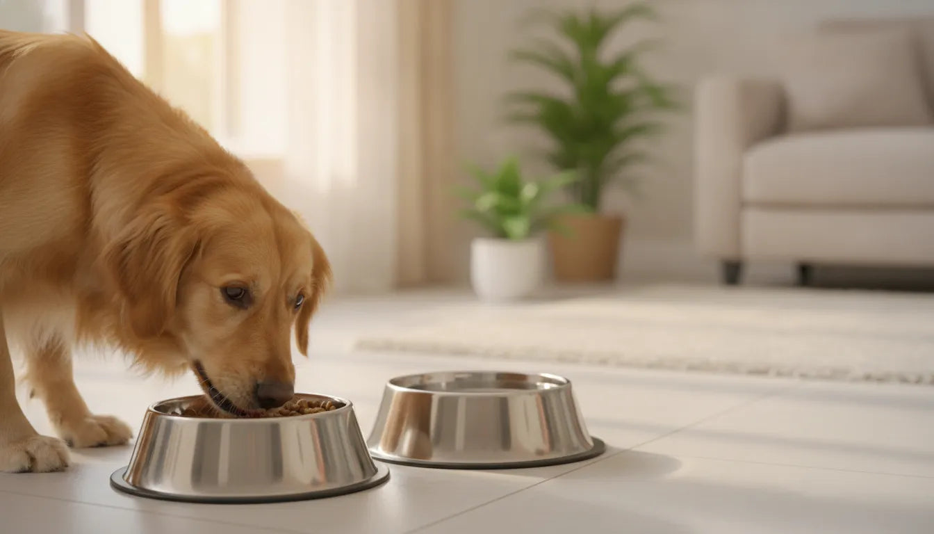 Dog eating from a stainless steel dog bowl at a clean home feeding station
