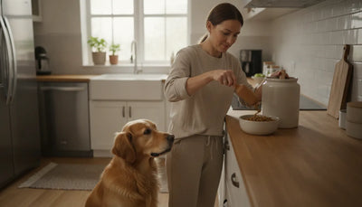 Dog owner measuring a daily food portion for a relaxed dog