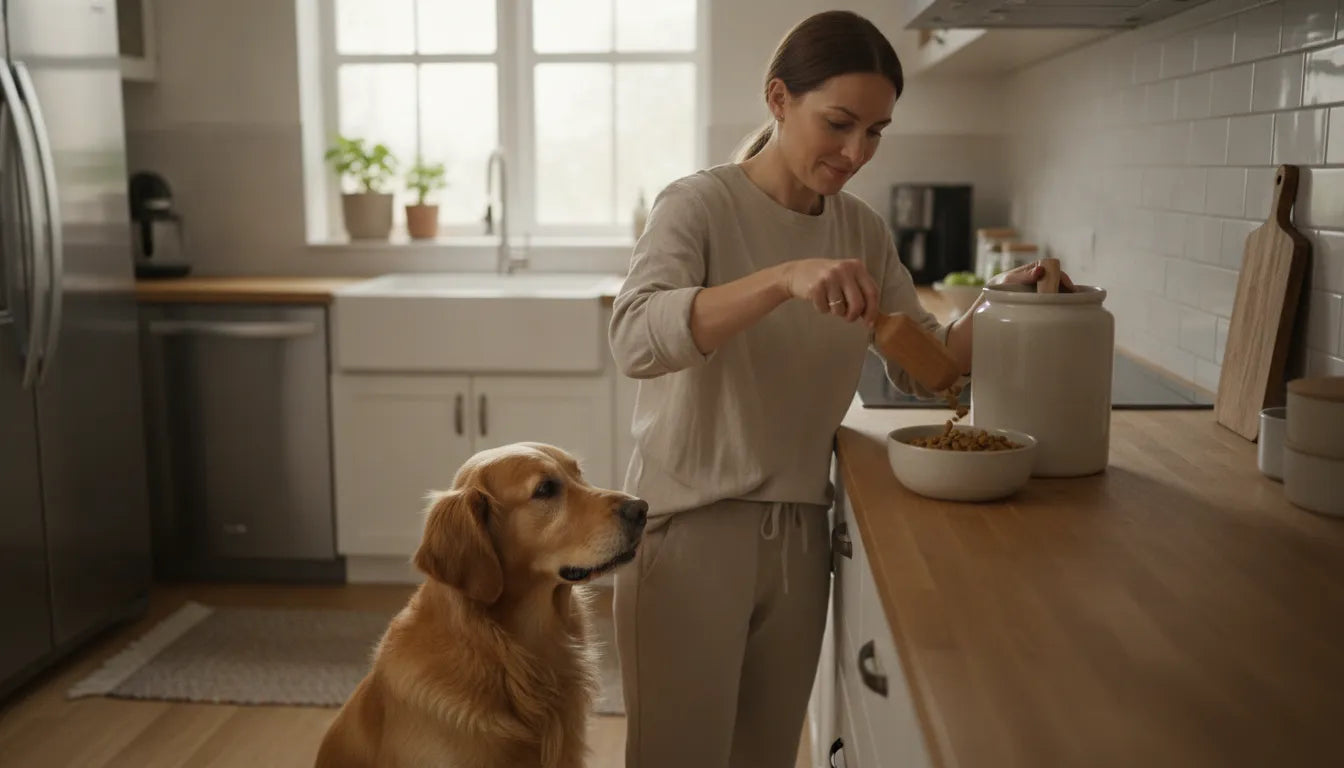 Dog owner measuring a daily food portion for a relaxed dog