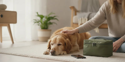 A dog resting safely beside a pet first-aid kit while an owner reviews emergency instructions