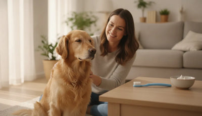 Golden retriever relaxing beside a dog toothbrush during a daily dog dental care routine