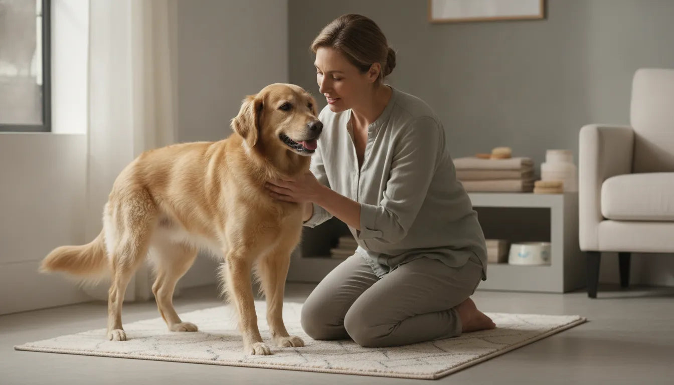 Dog owner helping a comfortable dog wear well-fitted dog diapers during an at-home care routine