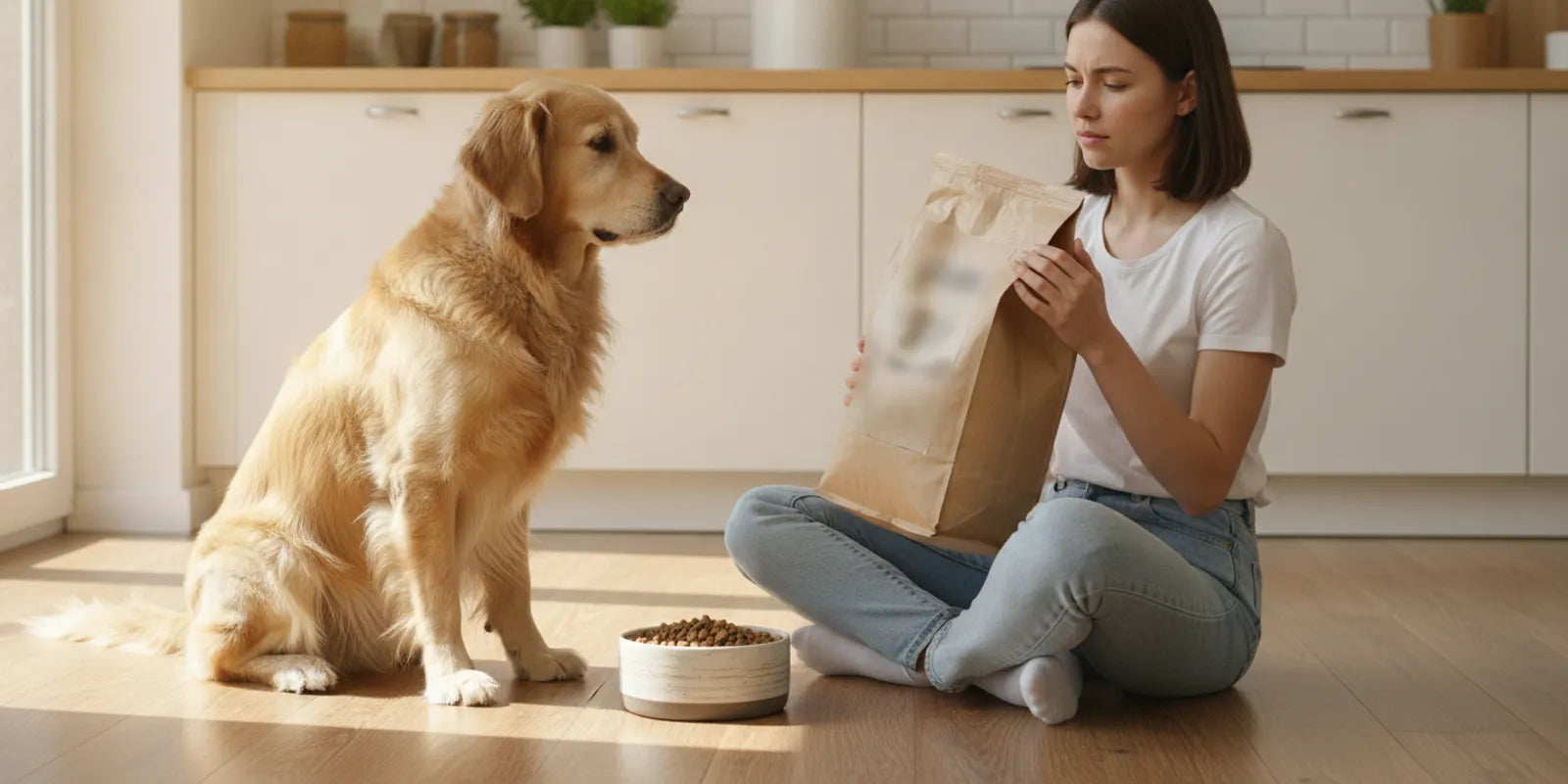 A dog eating from a bowl beside a pet owner checking a food label