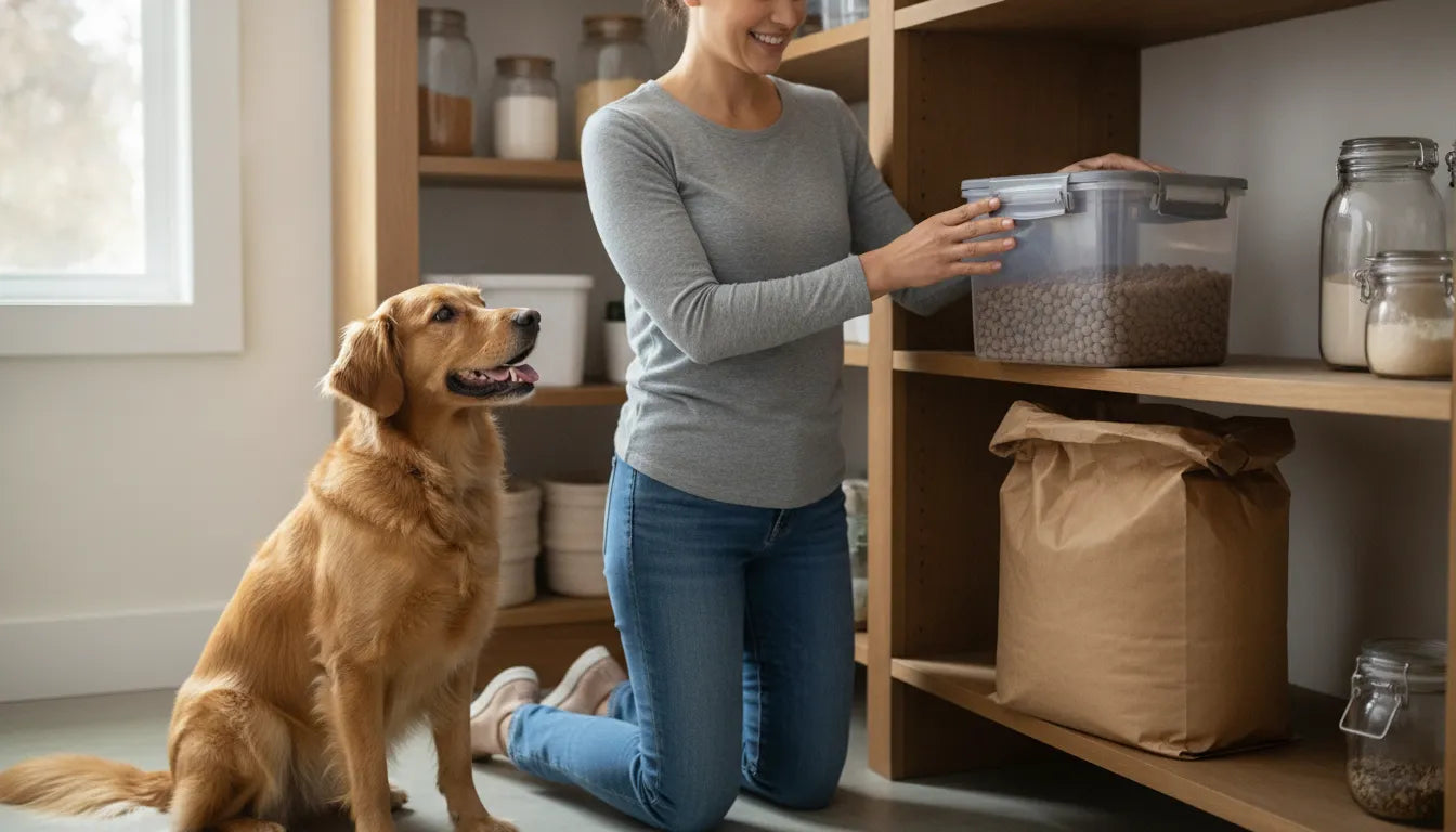 Dog owner organizing a sealed dog food storage container in a tidy pantry
