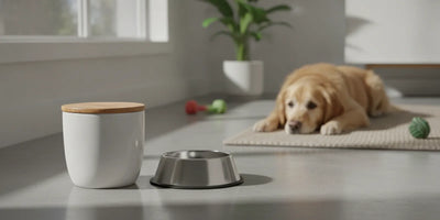 A sealed dog food storage container beside a bowl in a clean home feeding area