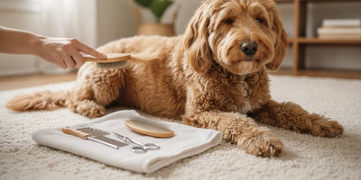 A dog receiving a gentle brush-out with grooming tools arranged nearby