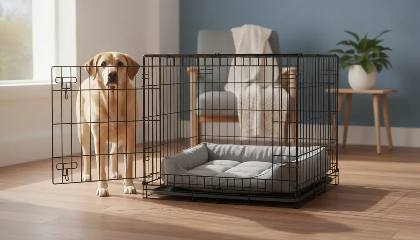 Calm dog beside an open wire dog kennel with a comfortable bed