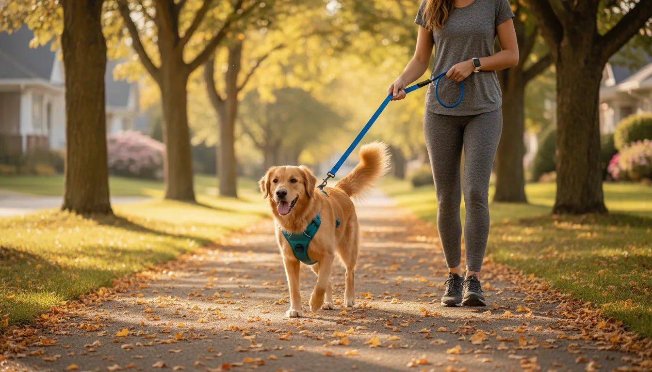 Dog walking beside its owner on a leafy path with a blue dog leash