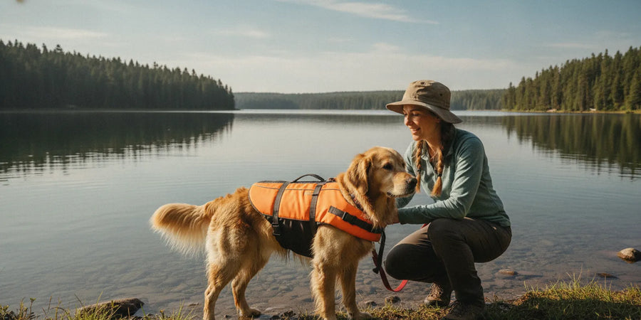 A dog wearing a properly fitted life vest beside a calm lake with its owner nearby