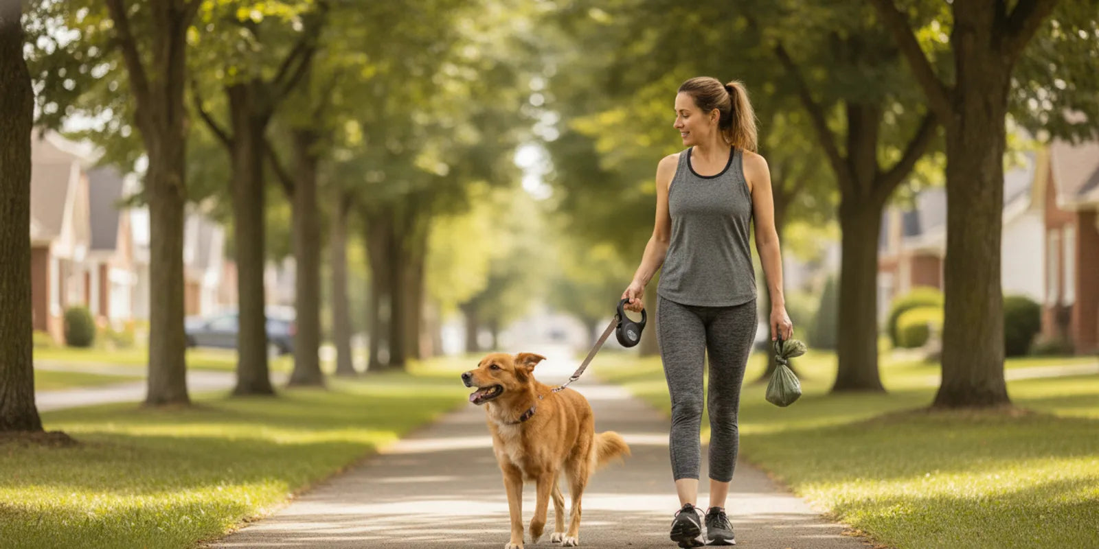 A dog walker carrying a tied waste bag while walking a dog on a neighborhood path
