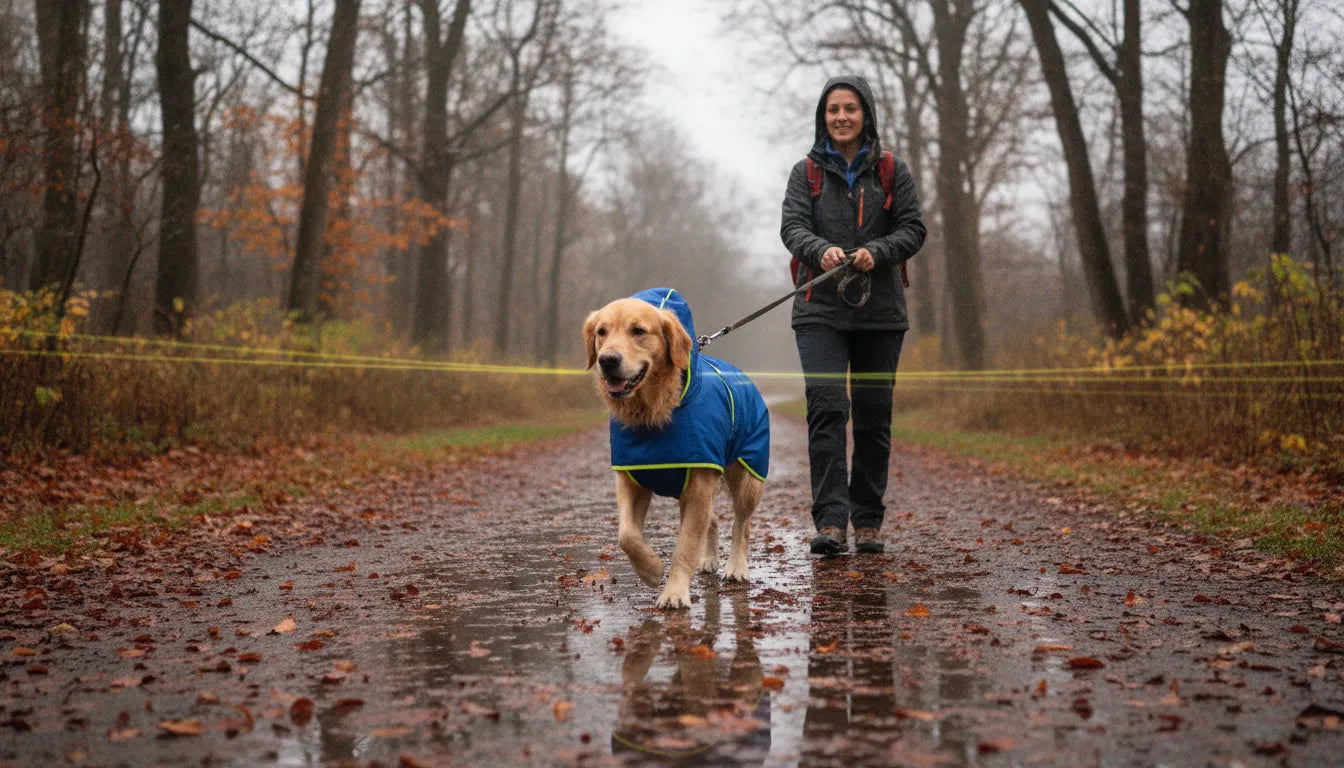 Dog wearing a full-coverage raincoat on a wet walking trail