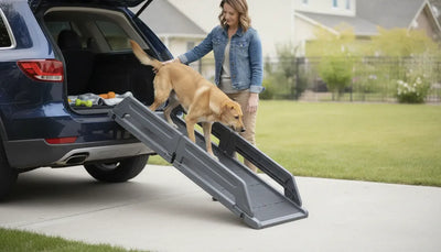 Dog using a textured dog ramp to enter an SUV with an owner nearby