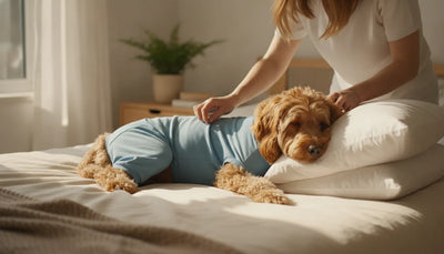 Calm dog wearing a recovery garment while resting at home