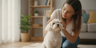 Owner gently wiping a small dog's facial hair with a soft cloth