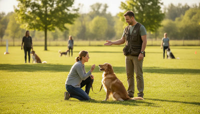 Dog owner and trainer practicing calmly in an outdoor class