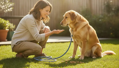 Dog training tips in action as an owner rewards a calm dog during leash practice