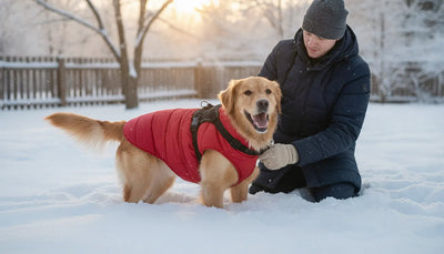 Dog wearing a winter jacket with a built-in harness