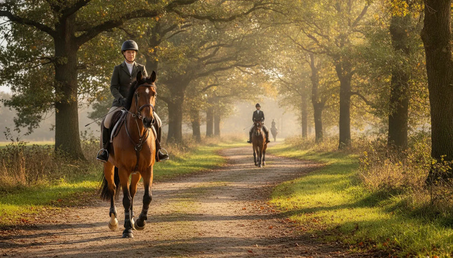 Horse and rider trotting along a tree-lined cross-country path