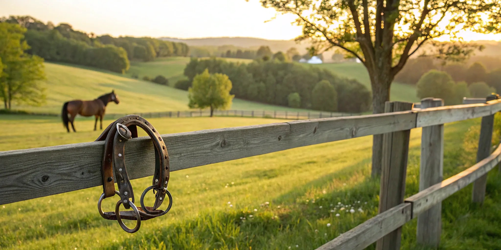 Equestrian spurs with leather straps on a fence post with a horse grazing in a field.