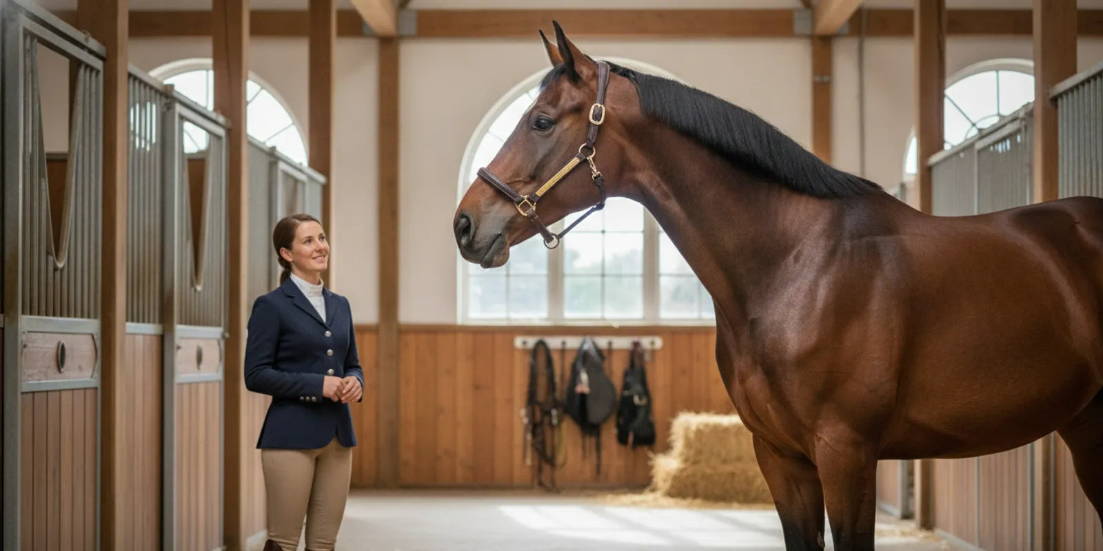 Horse standing in profile in a bright stable as an owner observes its posture