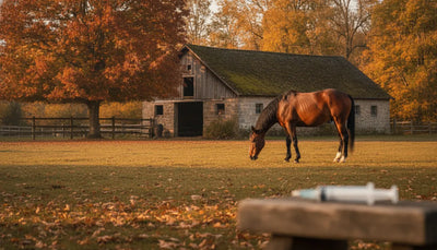 Bay horse grazing beside a barn in autumn while an equine paste syringe rests on a grooming bench