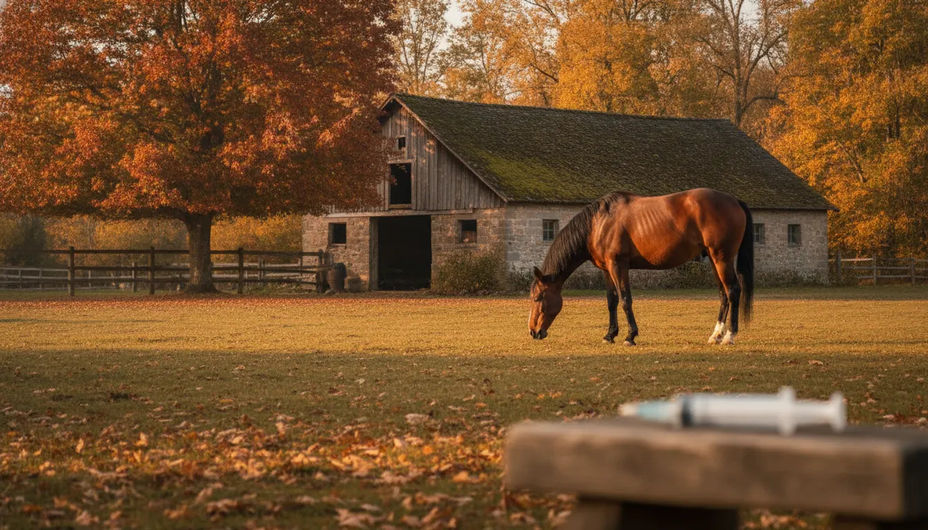 Bay horse grazing beside a barn in autumn while an equine paste syringe rests on a grooming bench