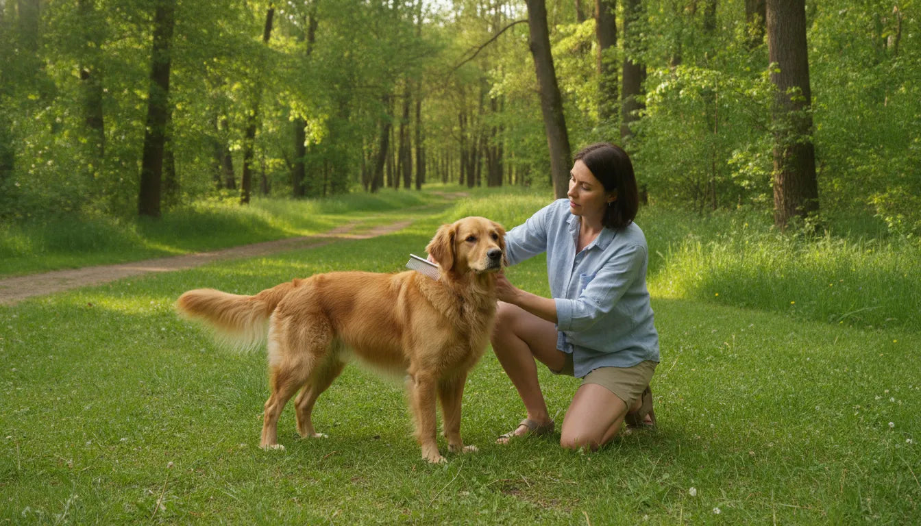 Dog owner checking a healthy dog for fleas and ticks in a sunny backyard