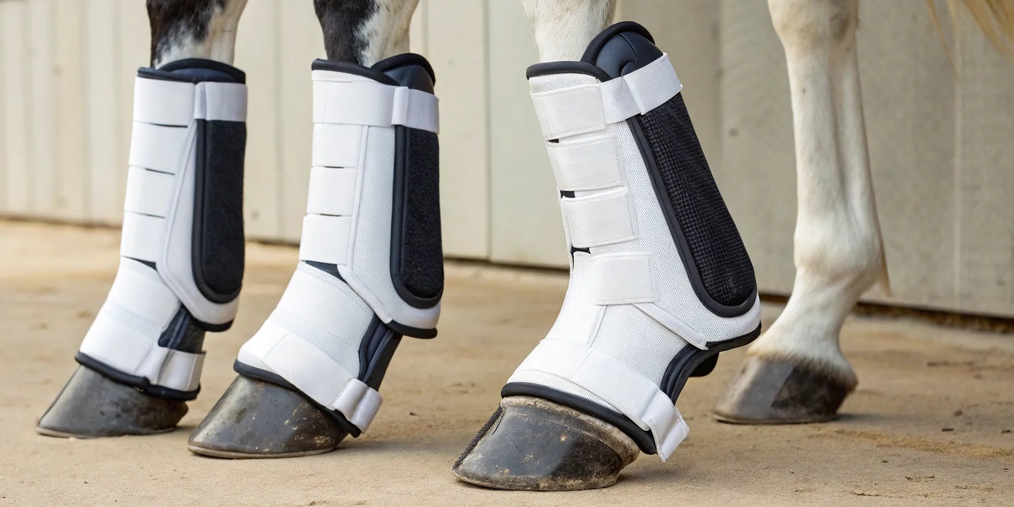 A horse wearing fly boots for leg protection against biting flies and insects.