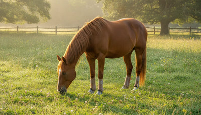 Horse wearing mesh fly boots in a sunny pasture